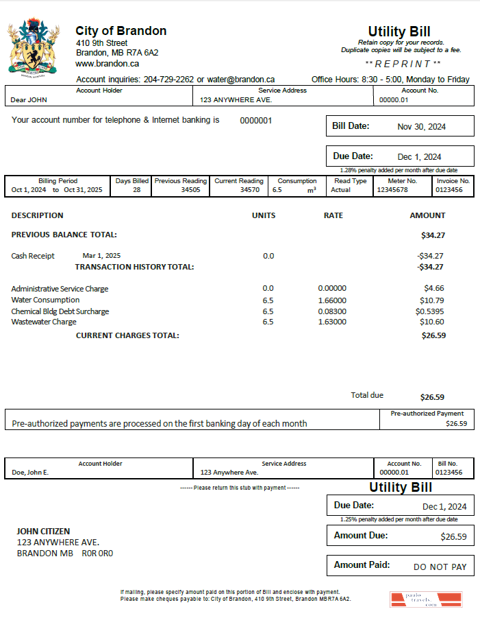 Canada City of Brandon utility bill template in Word and PDF formats